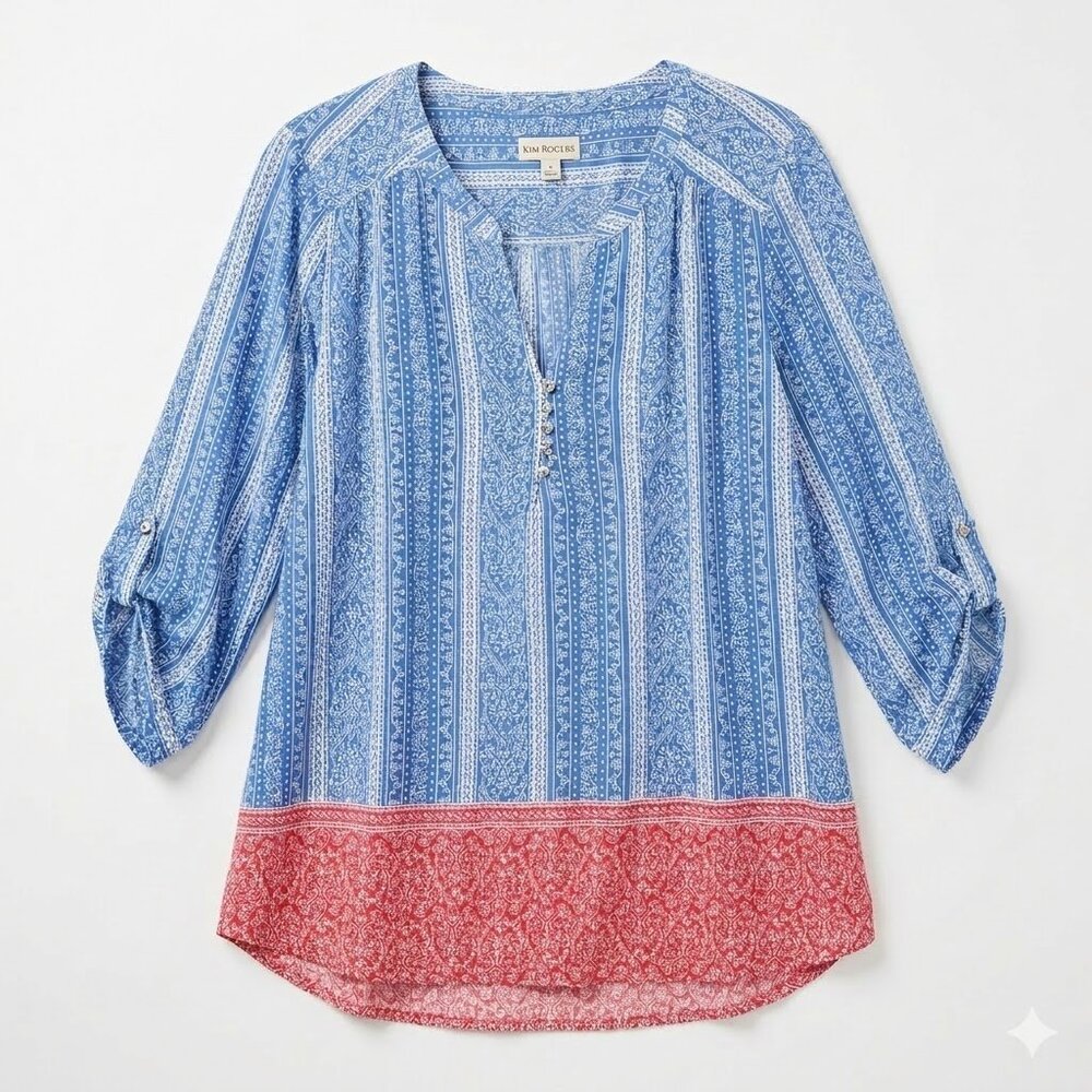 Kim Rogers Tunic Size XL Blue Red Paisley Stripe Roll Tab Sleeve Henley Blouse
